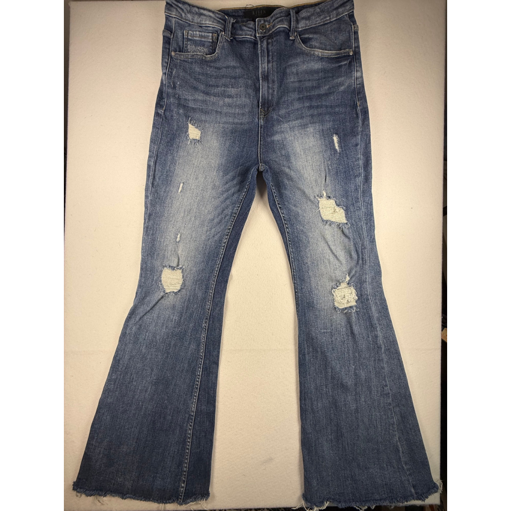 Risen Los Angeles Distressed Flare Jeans Raw Hem Medium Wash Women’s 1XL